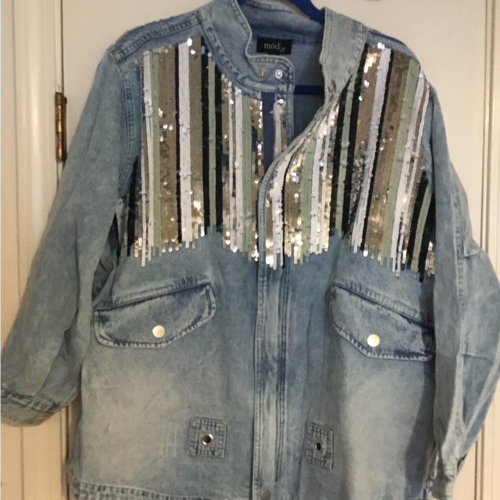 NWT MOD -X Sequin Dipped Blue Jean Jacket- 2X